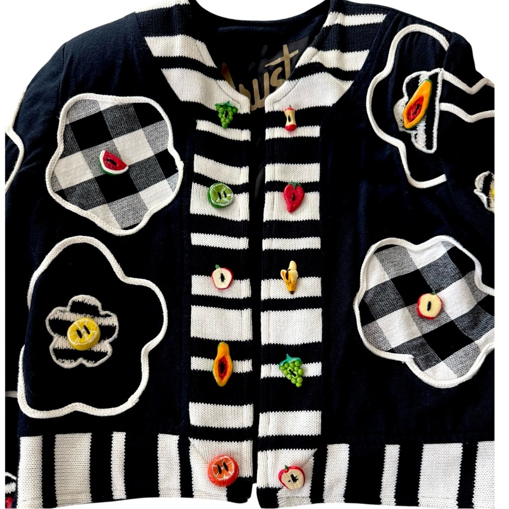 Vintage Crystal 80s Novelty Cardigan Fruit Button Patchwork Applique S